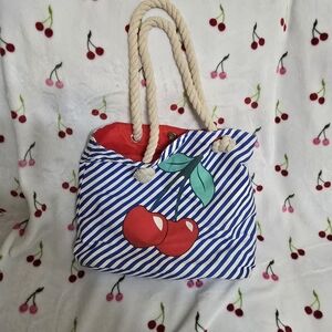Striped Blue and White Tote Bag with Cherry Design